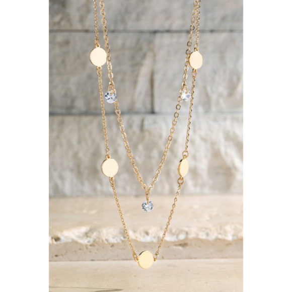 SOLD OUT Gold Double Layered Crystal Charm Gold Tone Disc Necklace Women's - Picture 4 of 6